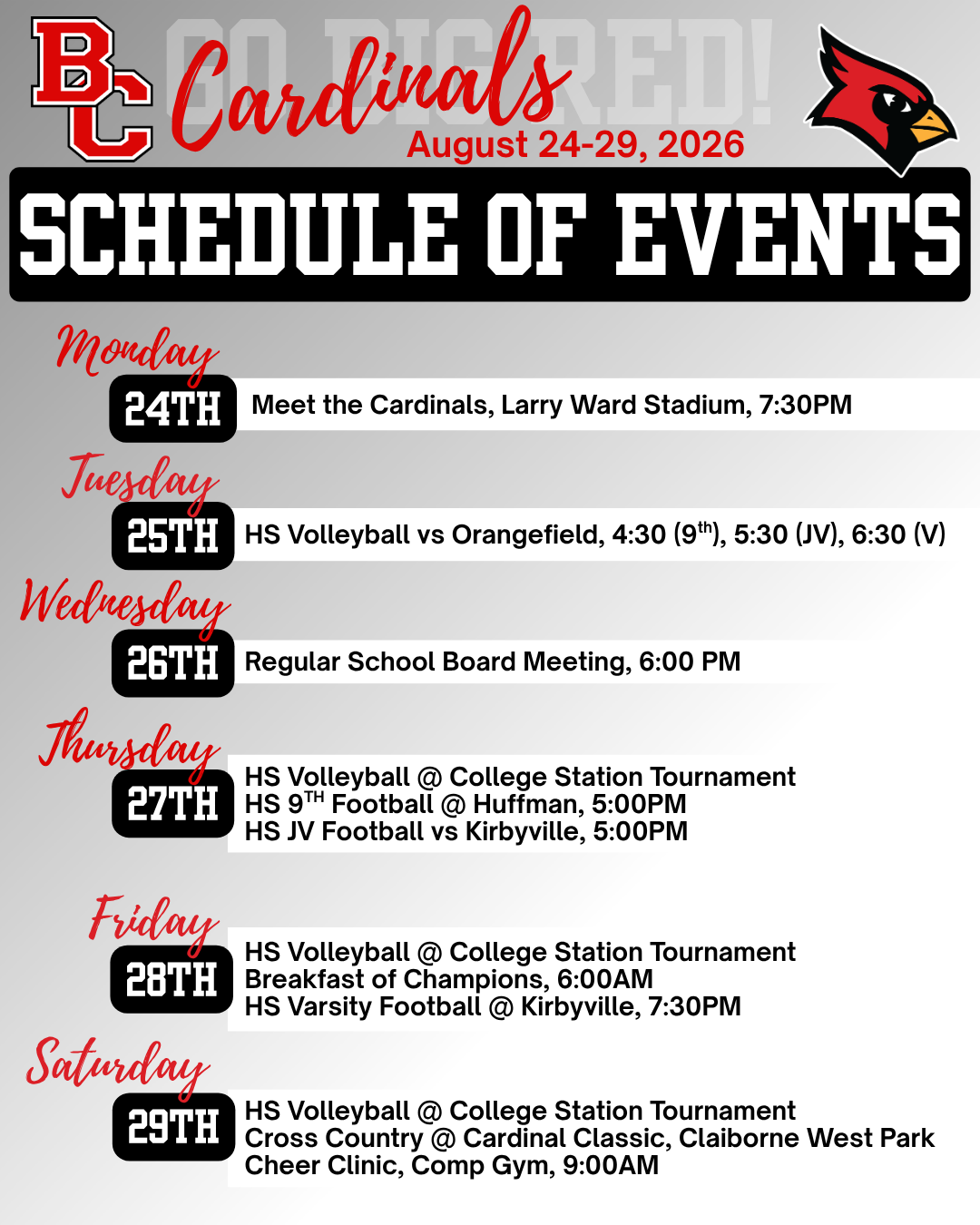 Cardinal Events: Week of August 24-29th!