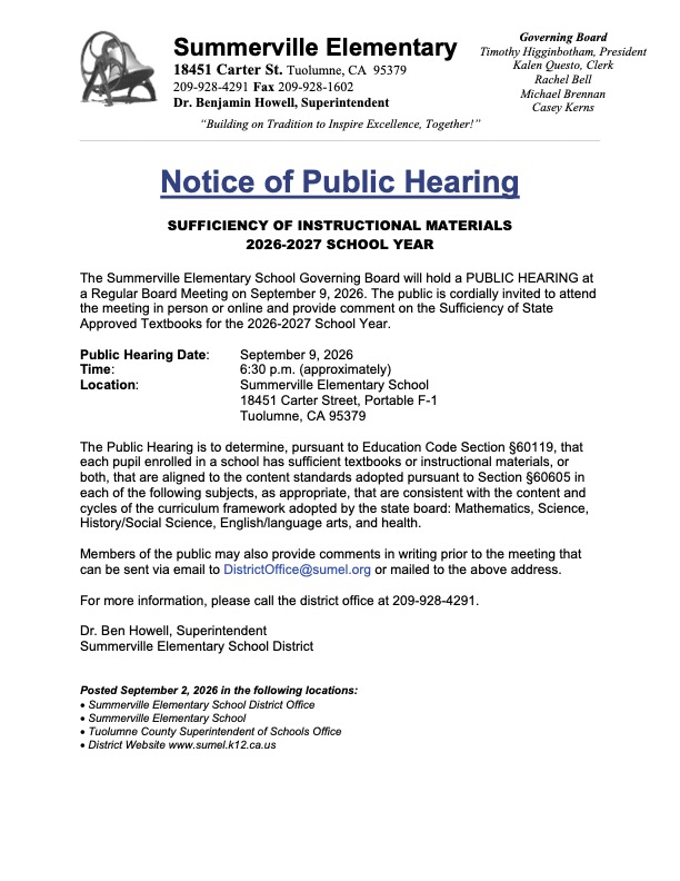 Notice of Public Hearing: Sufficiency of Instructional Materials 2026-2027 SY