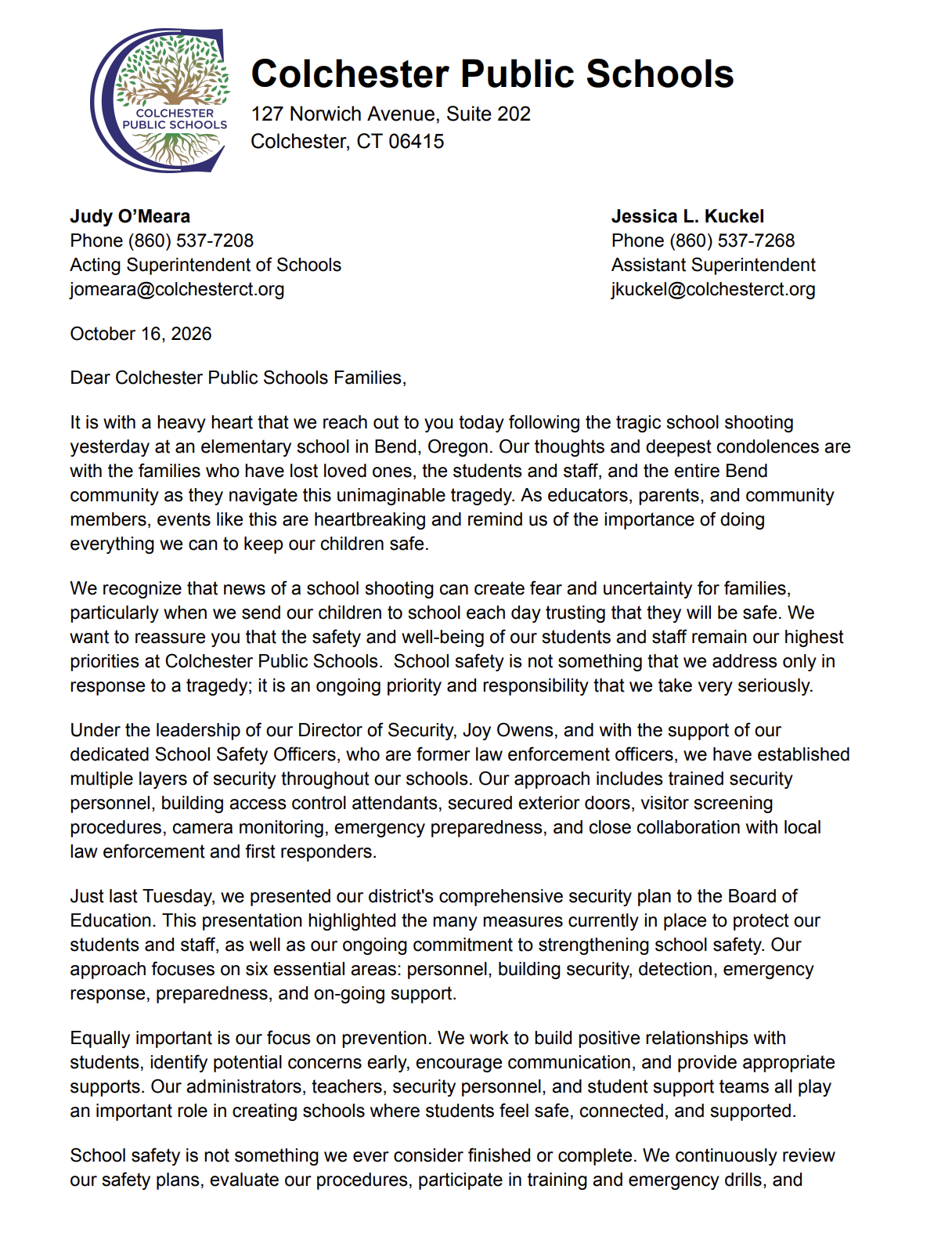 A Message to Families Regarding School Safety