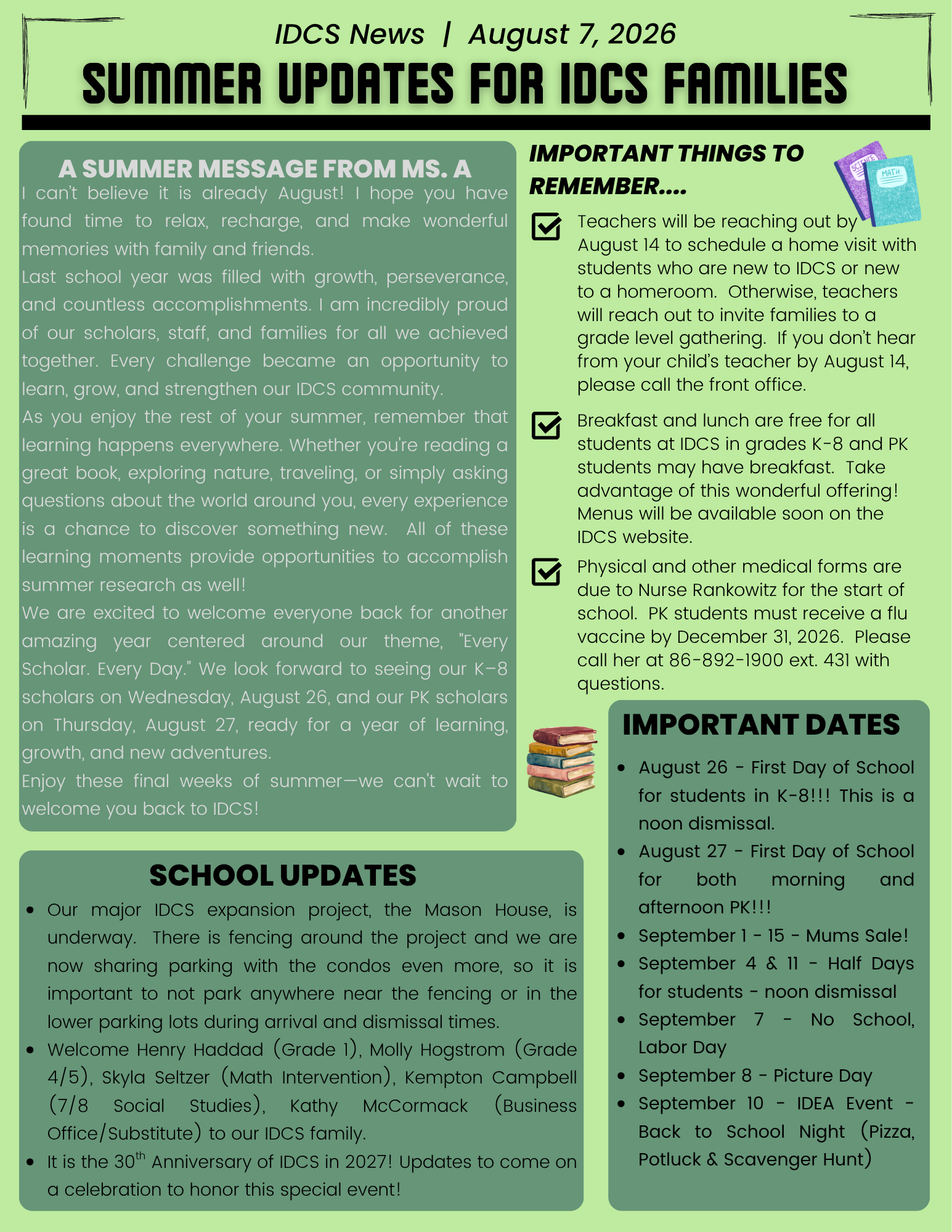Summer Updates for IDCS Families