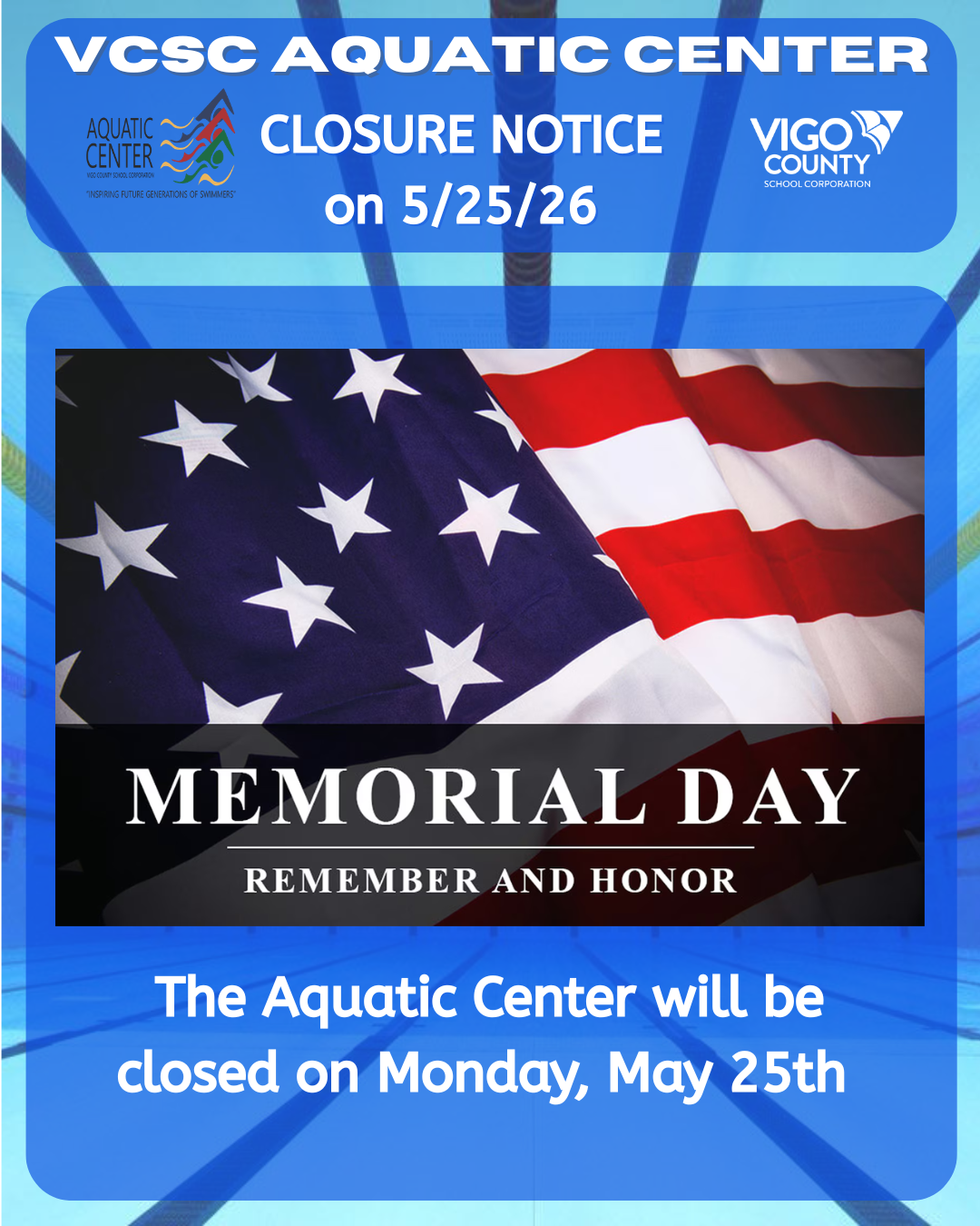 Aquatic Center Closed on Memorial Day