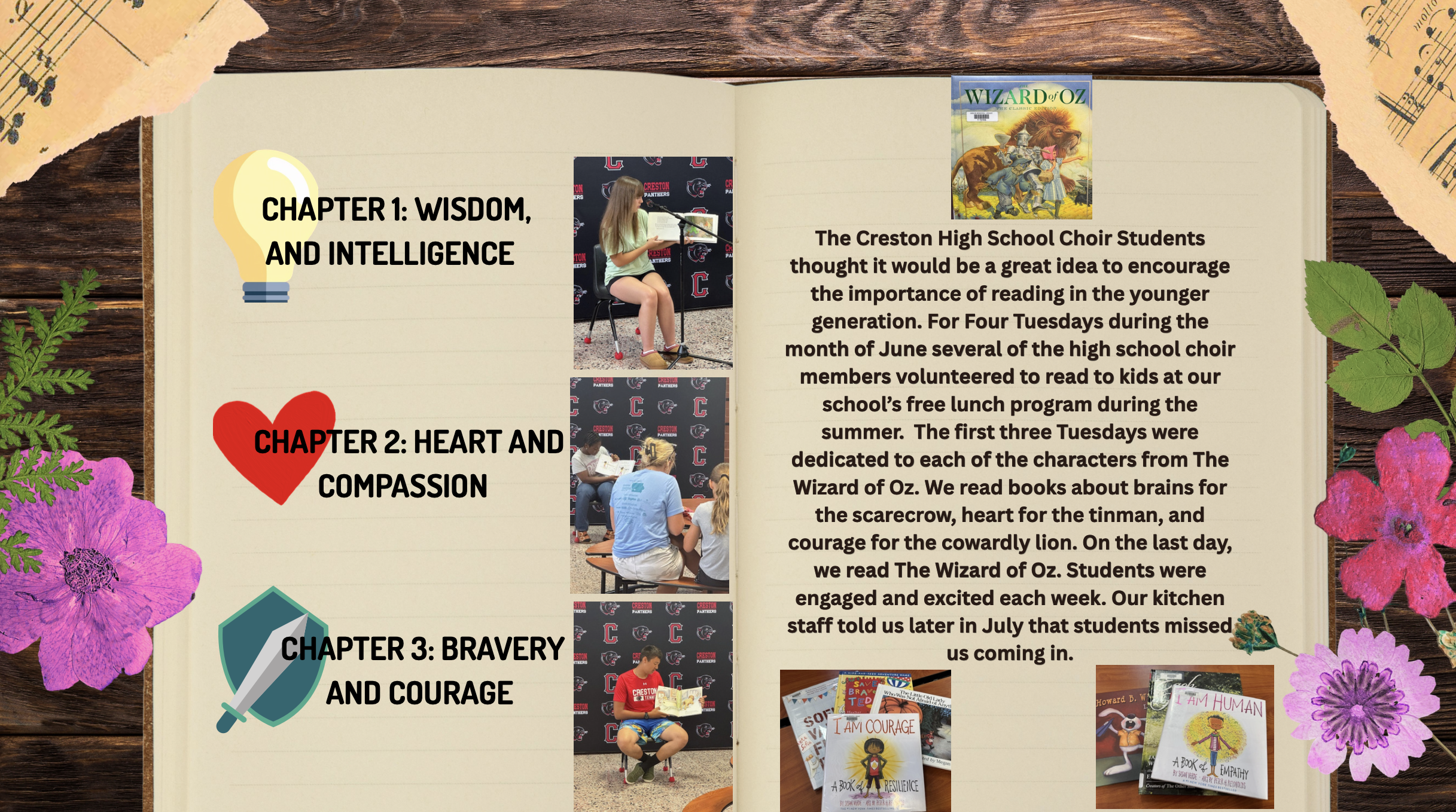 A scrapbook page with photos and text about Creston High School choir students reading to kids during a summer lunch program, themed around The Wizard of Oz.