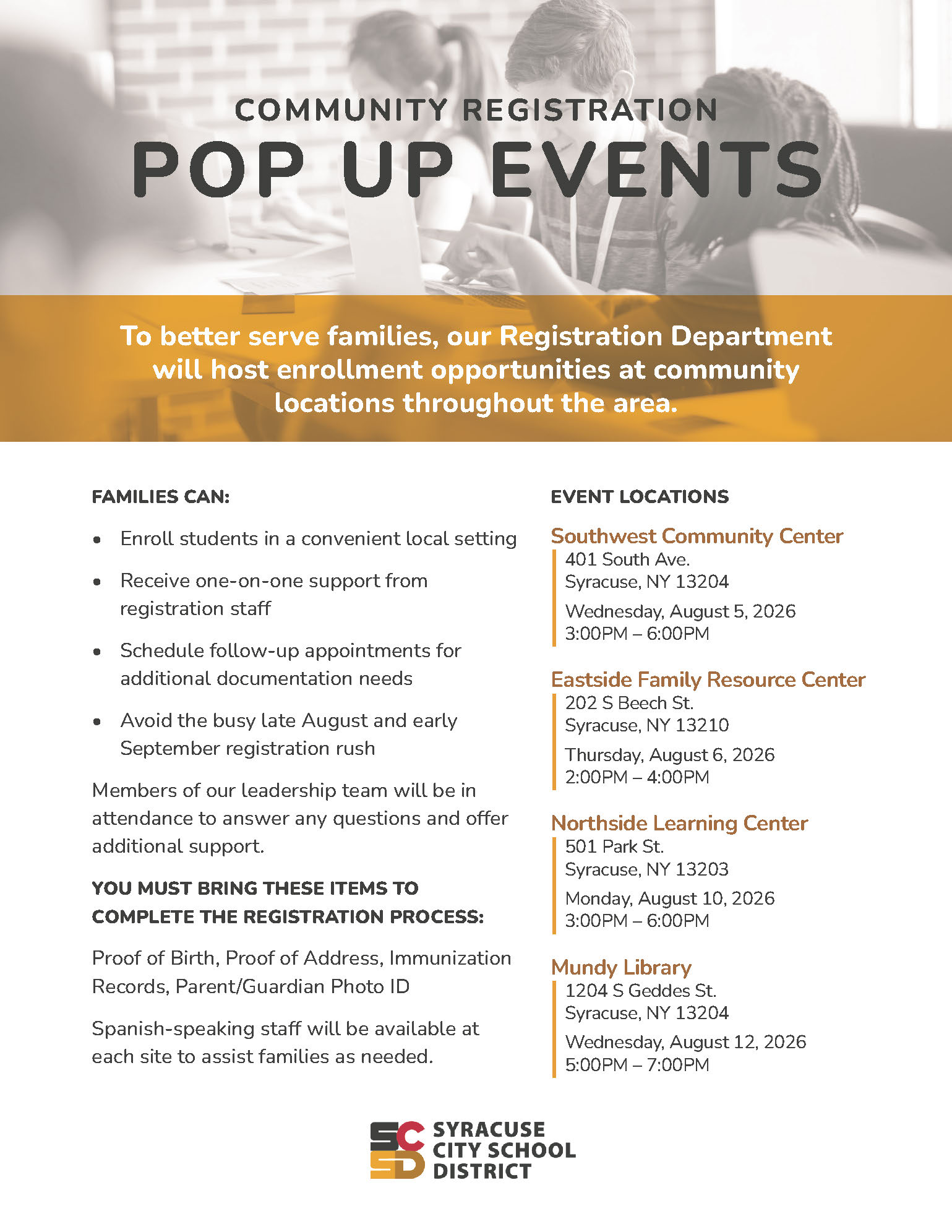 SCSD Community Registration Pop Up Events