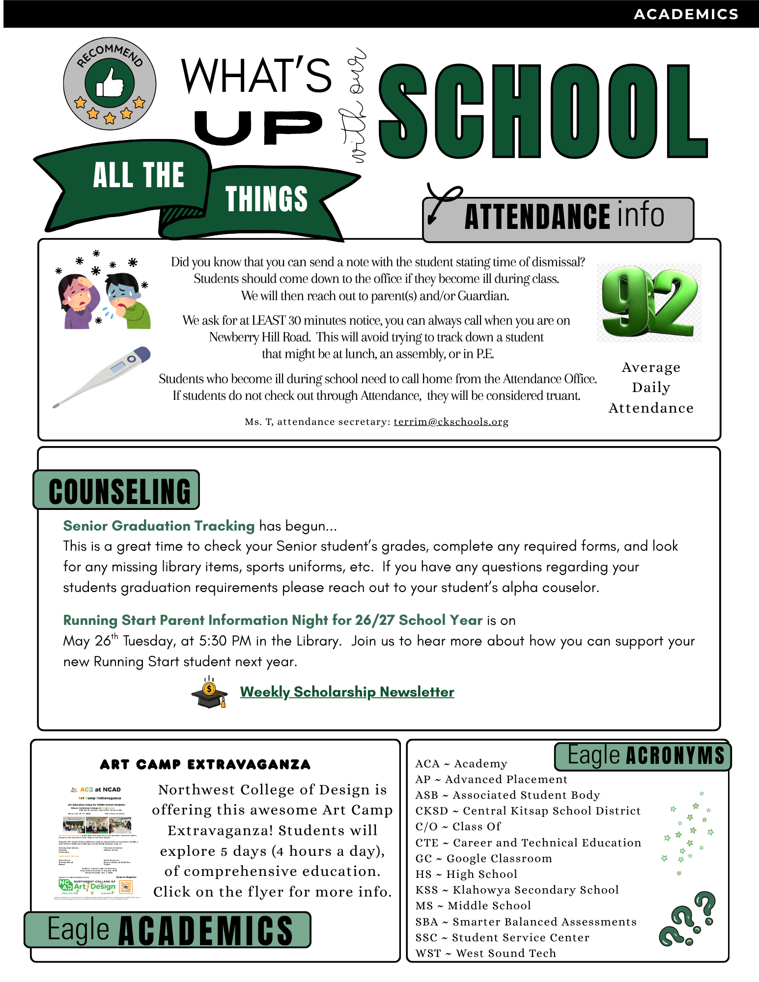 A school newsletter titled 'What's Up With Our School' features sections on attendance, counseling, and an art camp extravaganza.
