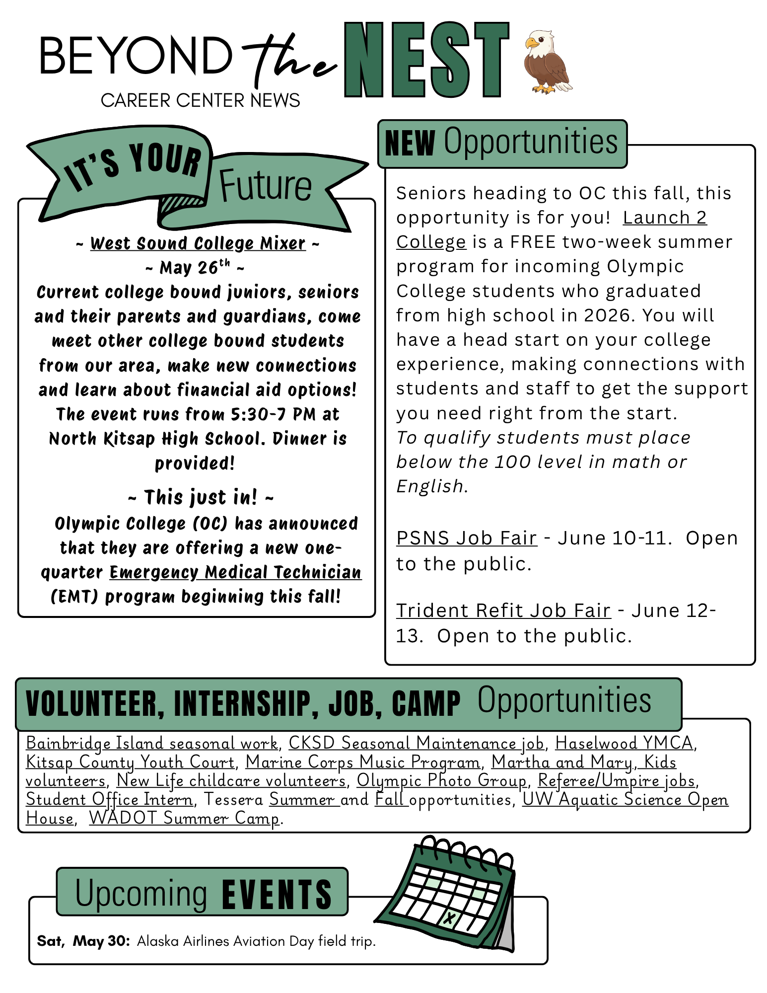 Newsletter titled 'Beyond the Nest' from Career Center News, featuring upcoming opportunities and events.