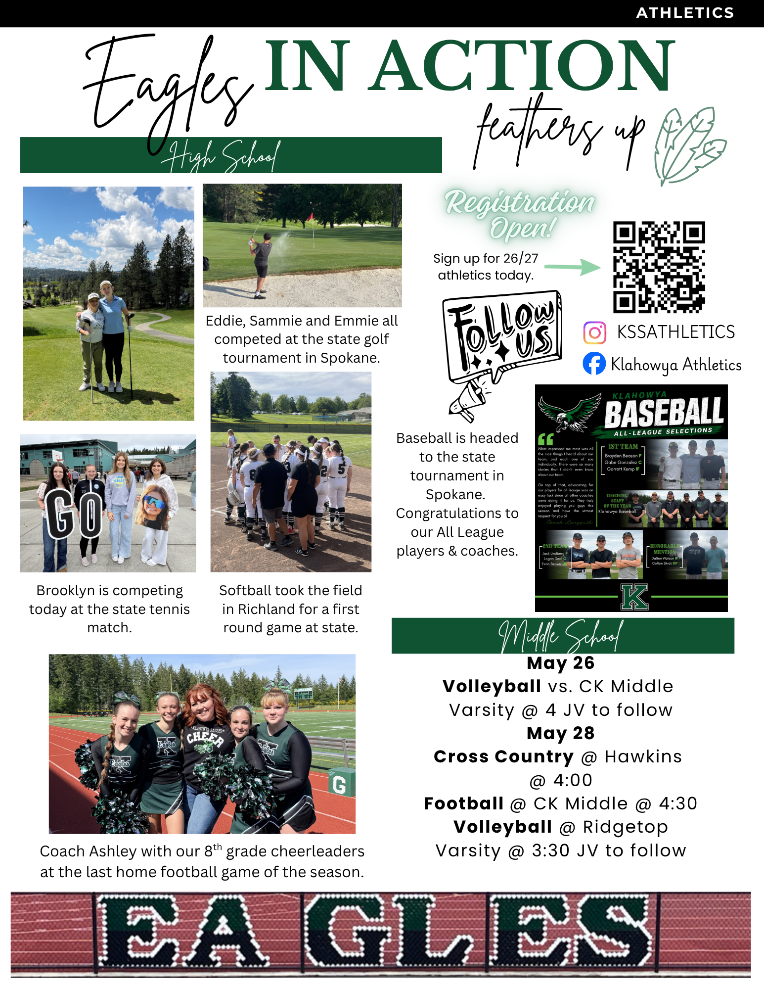 High school athletes are featured in action, including golf, tennis, softball, and cheerleading.