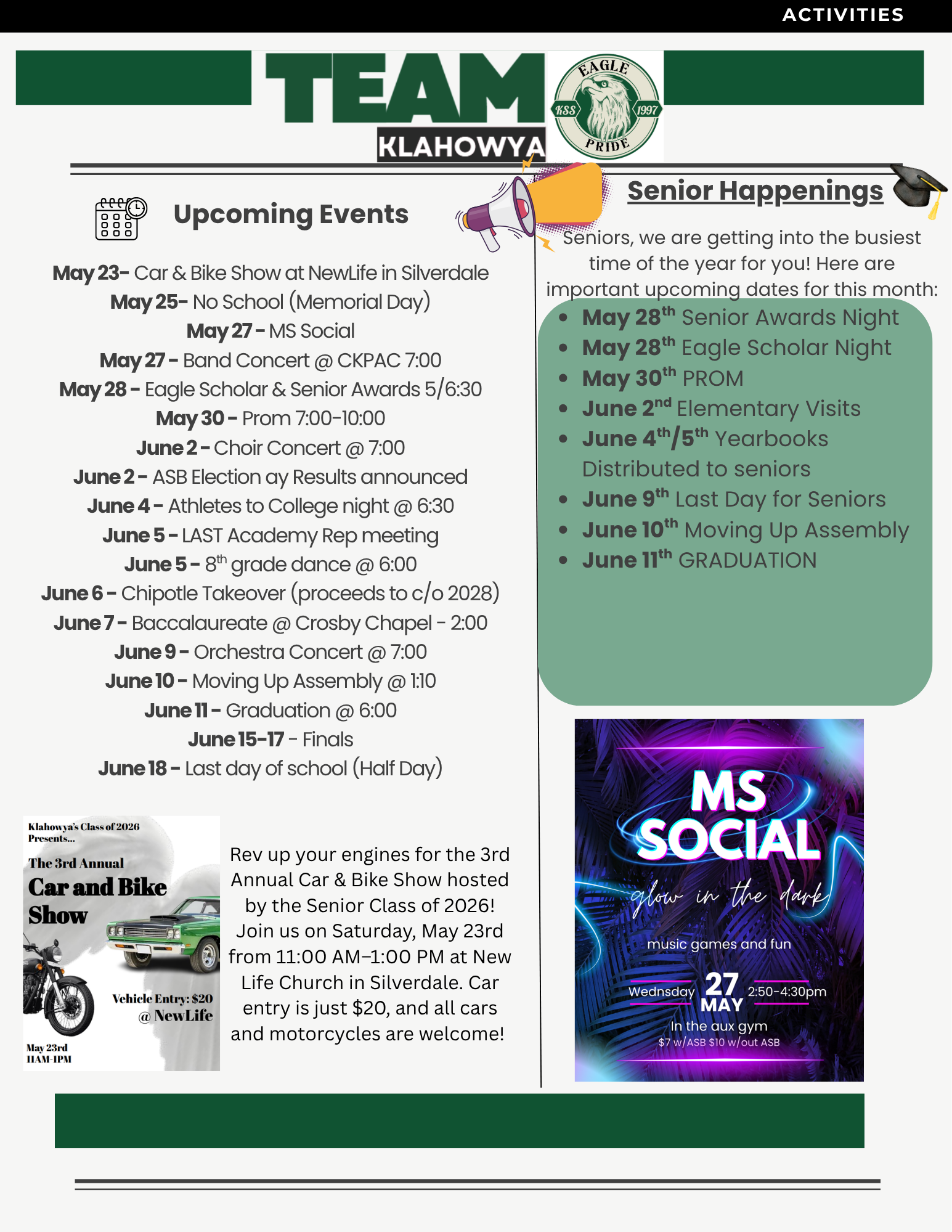 A flyer for Klahowya High School activities, featuring upcoming events and senior happenings.