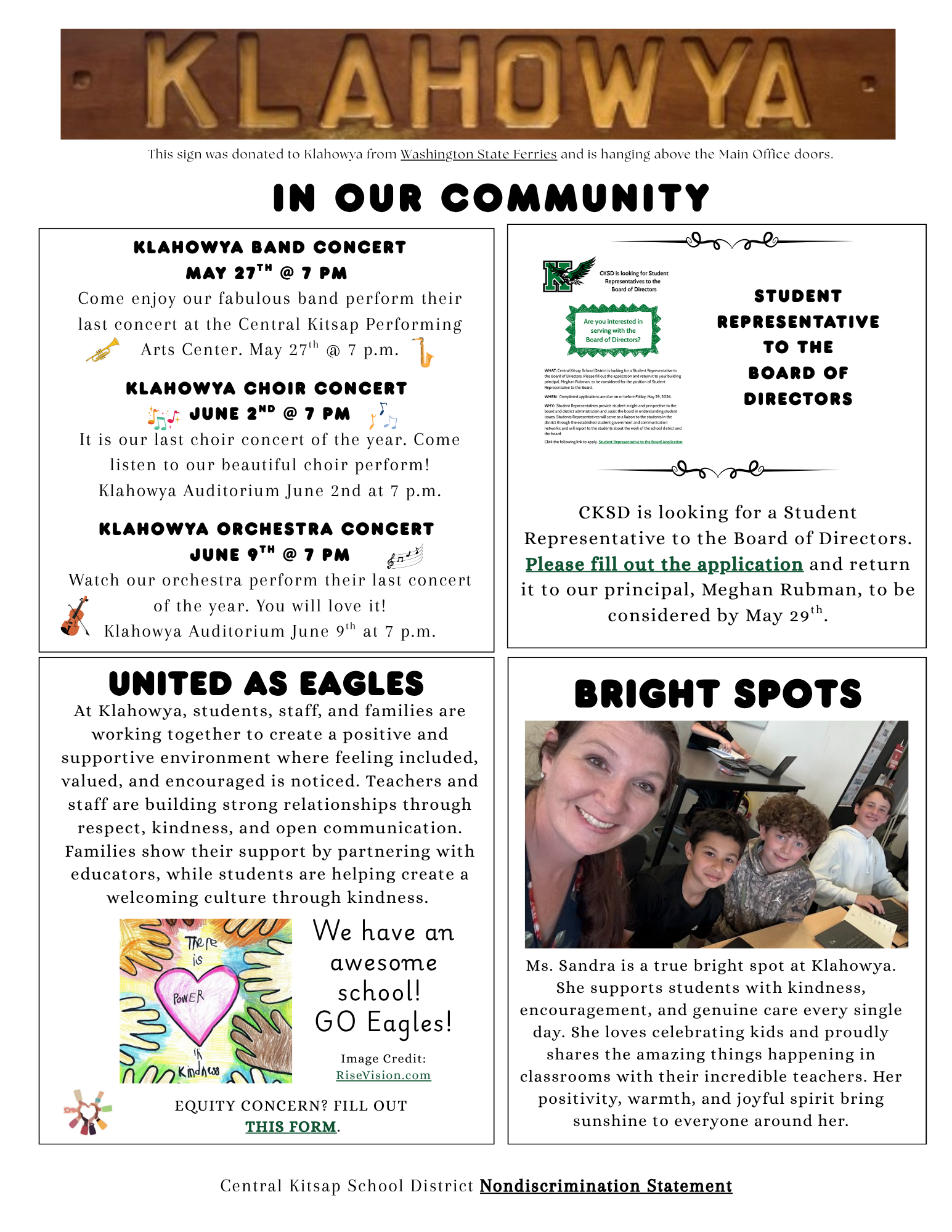 A flyer for Klahowya School District announces upcoming band, choir, and orchestra concerts, a student representative opportunity for the Board of Directors, and highlights the school's positive environment and staff.