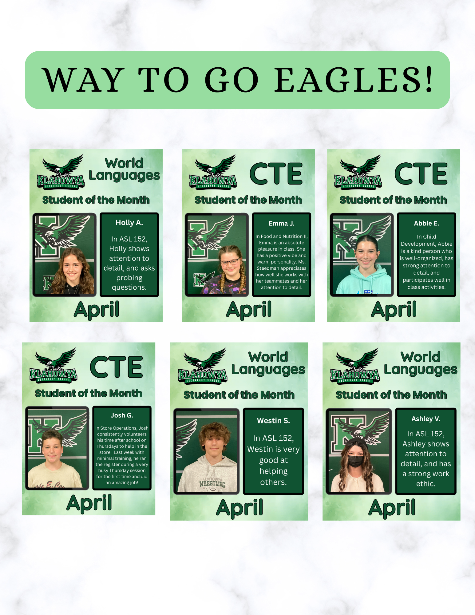 A collage displays "WAY TO GO EAGLES!" at the top, followed by six "Student of the Month" awards for April.