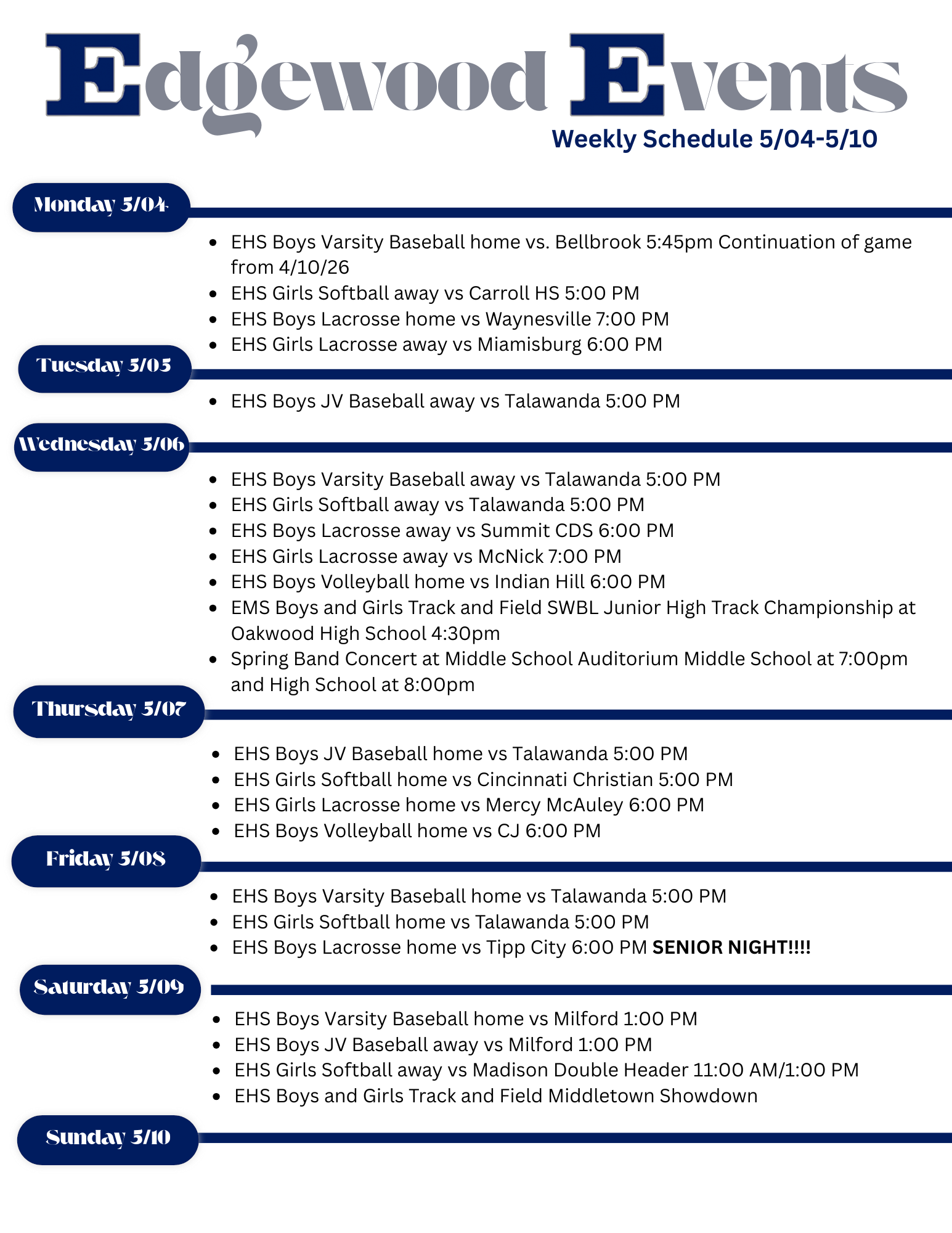Edgewood Events for the Week of May 4th-10th