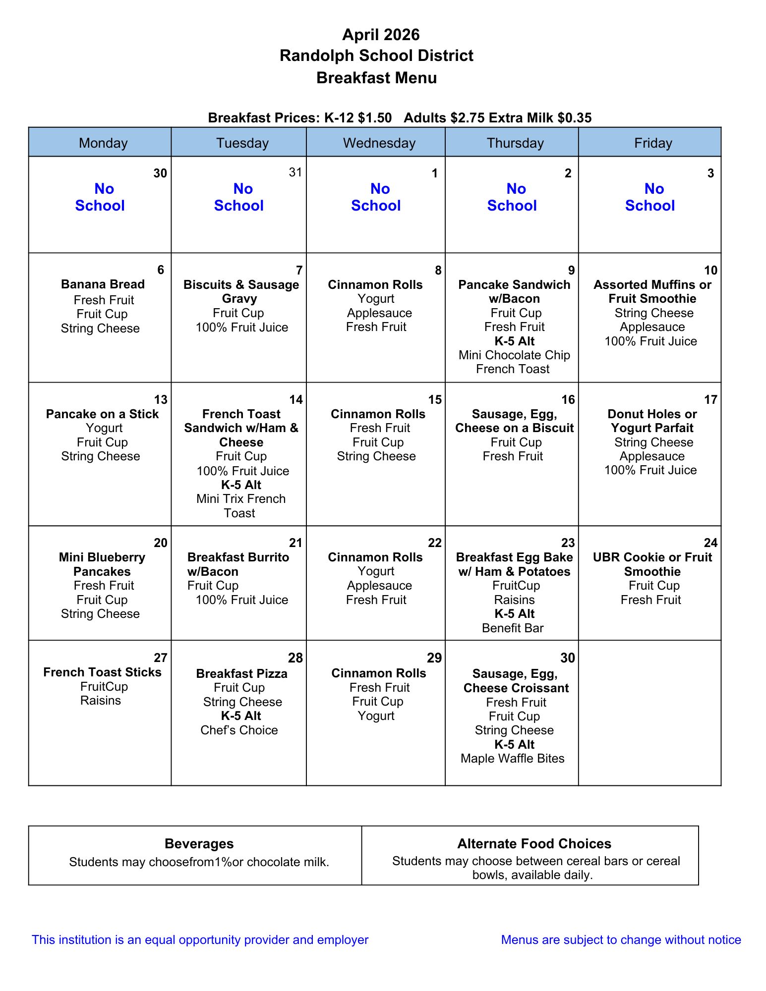 April 2026 Randolph School District Breakfast Menu showing daily meal options and prices.