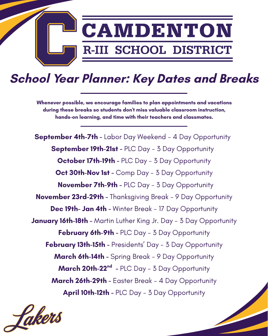 School Year Planner: Key Dates and Breaks