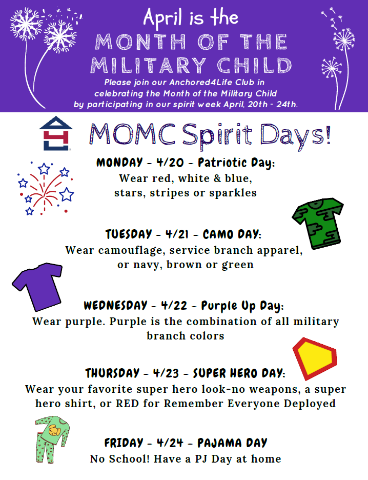Poster announcing 'MOMC Spirit Days' for the Month of the Military Child, April 20th-24th.