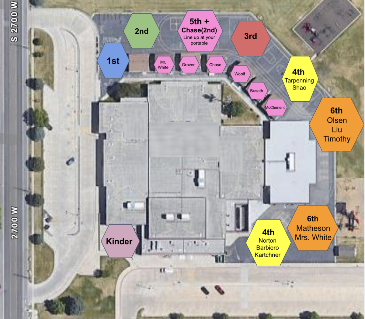 Aerial view of a school building with colored hexagonal labels indicating grade levels and teacher names.