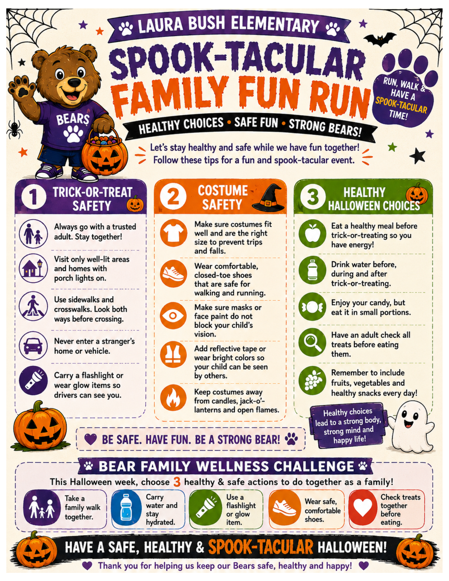A colorful flyer for Laura Bush Elementary's Spook-Tacular Family Fun Run, detailing safety tips for trick-or-treating, costumes, and healthy choices.
