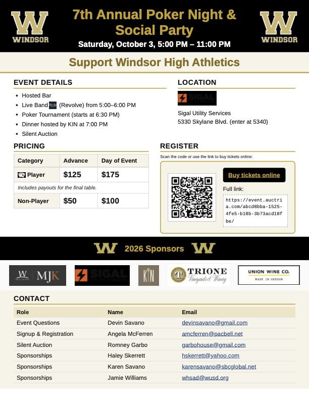 7th Annual Poker Night & Social Party  To Support Windsor High Athletics, this  Saturday, October 3