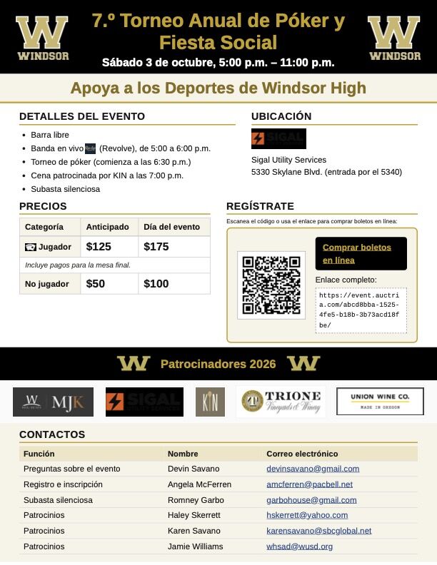 Flyer for the 7th Annual Windsor Poker Tournament and Social Party on Saturday, October 3rd, supporting Windsor High Sports.