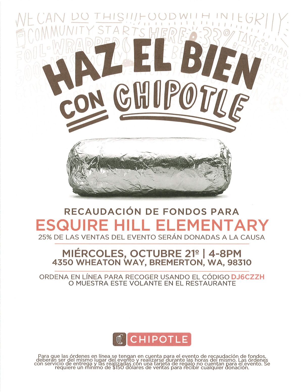 A Chipotle fundraiser flyer for Esquire Hill Elementary in Bremerton, WA, featuring a foil-wrapped burrito image.