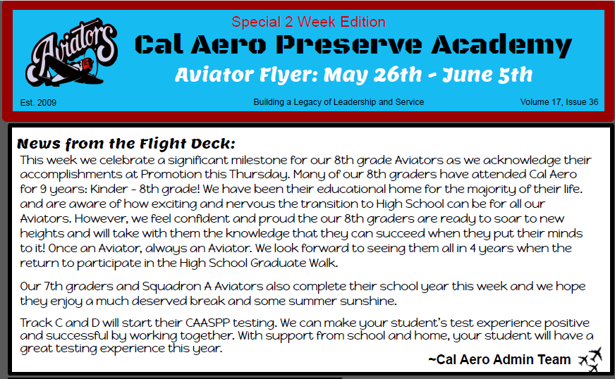  📢Parent Aviator Flyer from May 26th through June 5th ✈ 