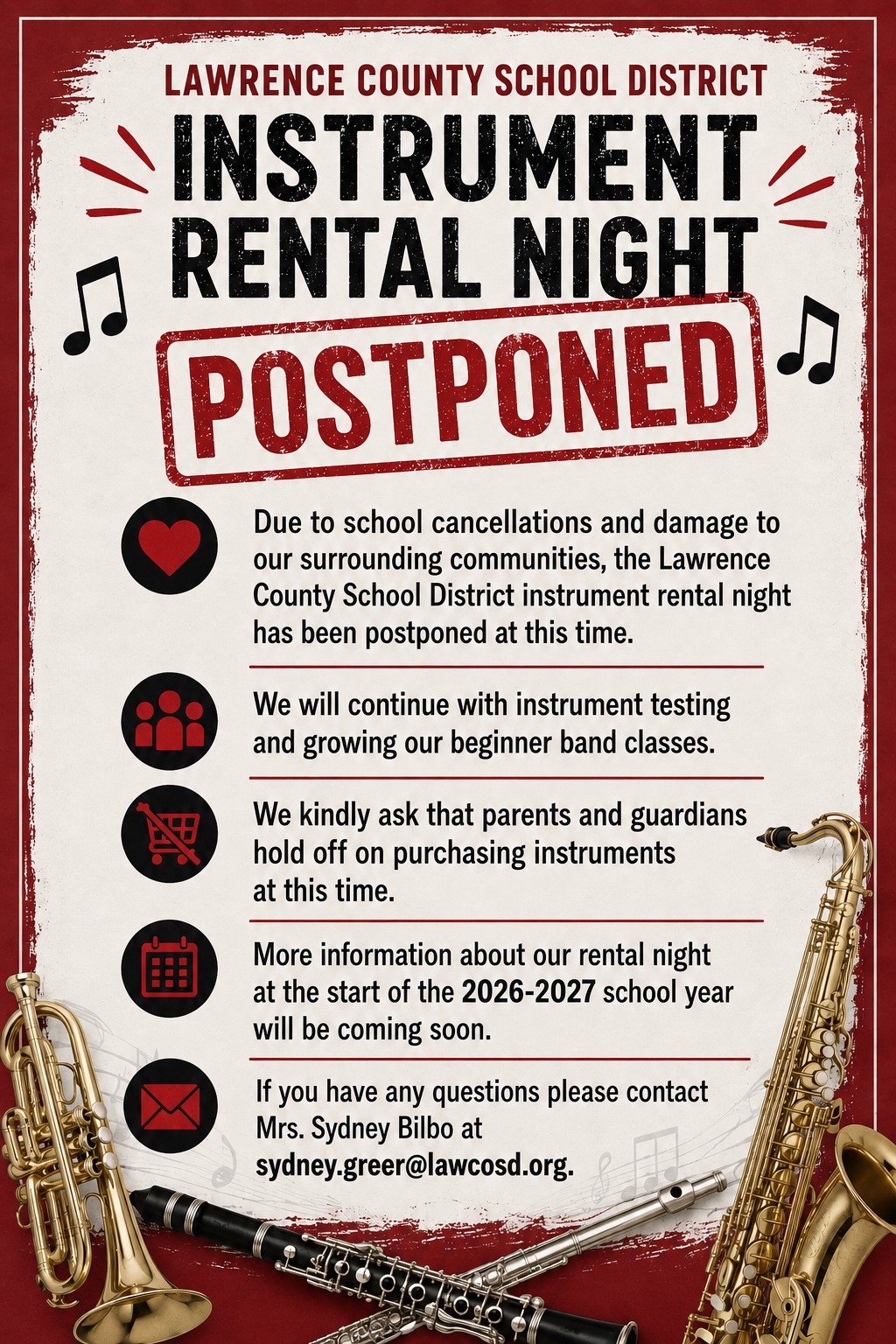 Instrument Rental Night Postponed