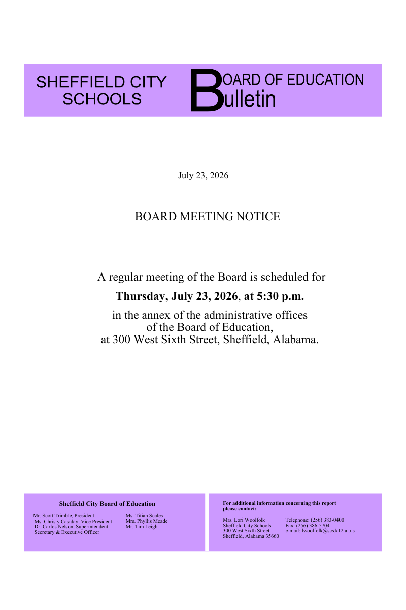 July 2026 Board of Education Monthly Meeting