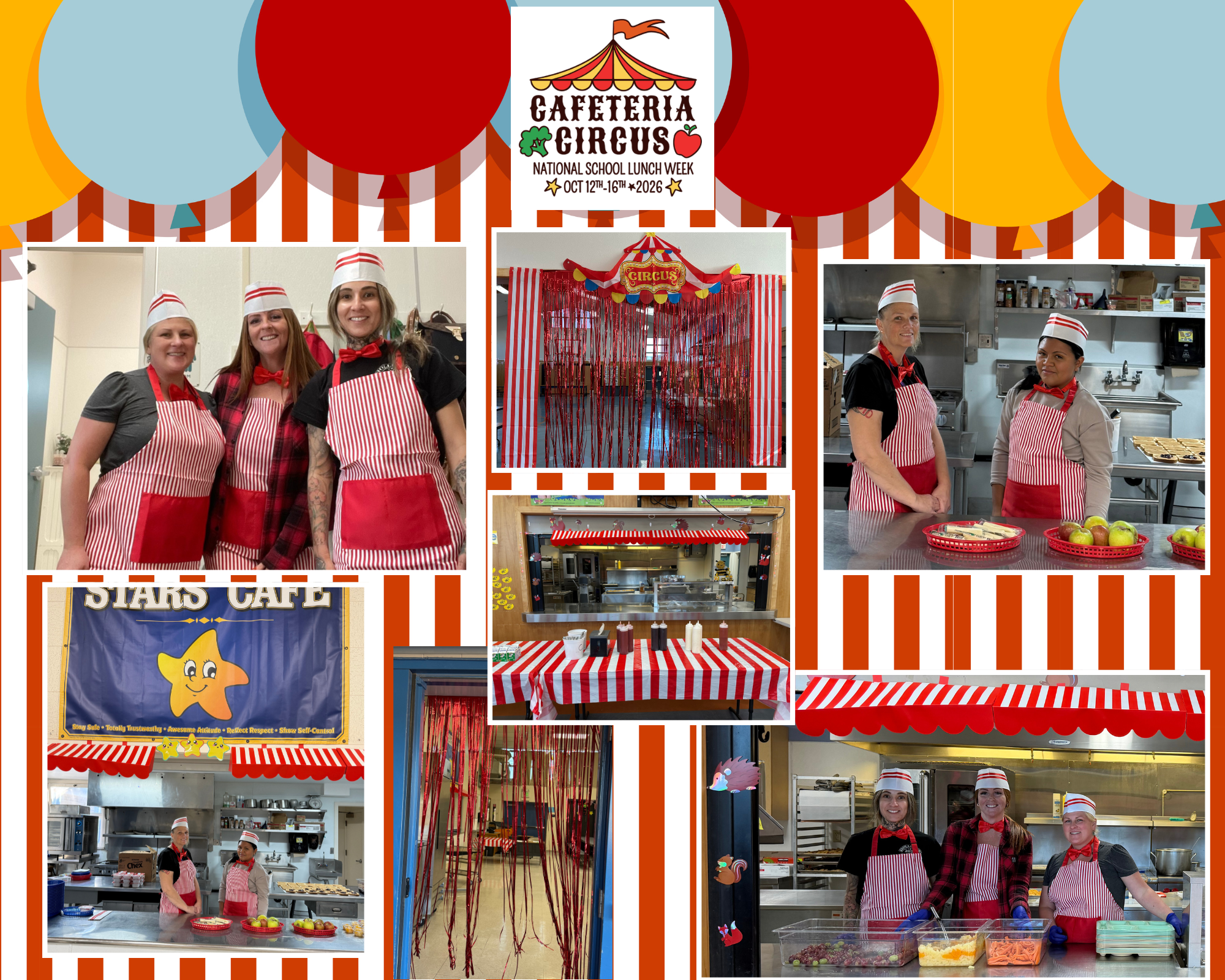 A collage of photos shows school cafeteria staff dressed in circus-themed aprons and hats for National School Lunch Week.