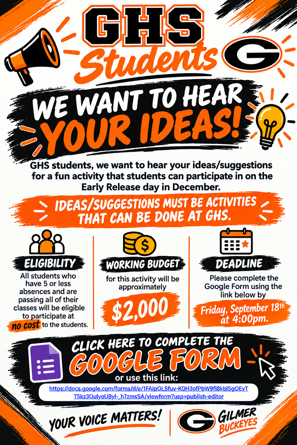 Students >>> We Want Your Ideas/Suggestions for Early Release Day in December