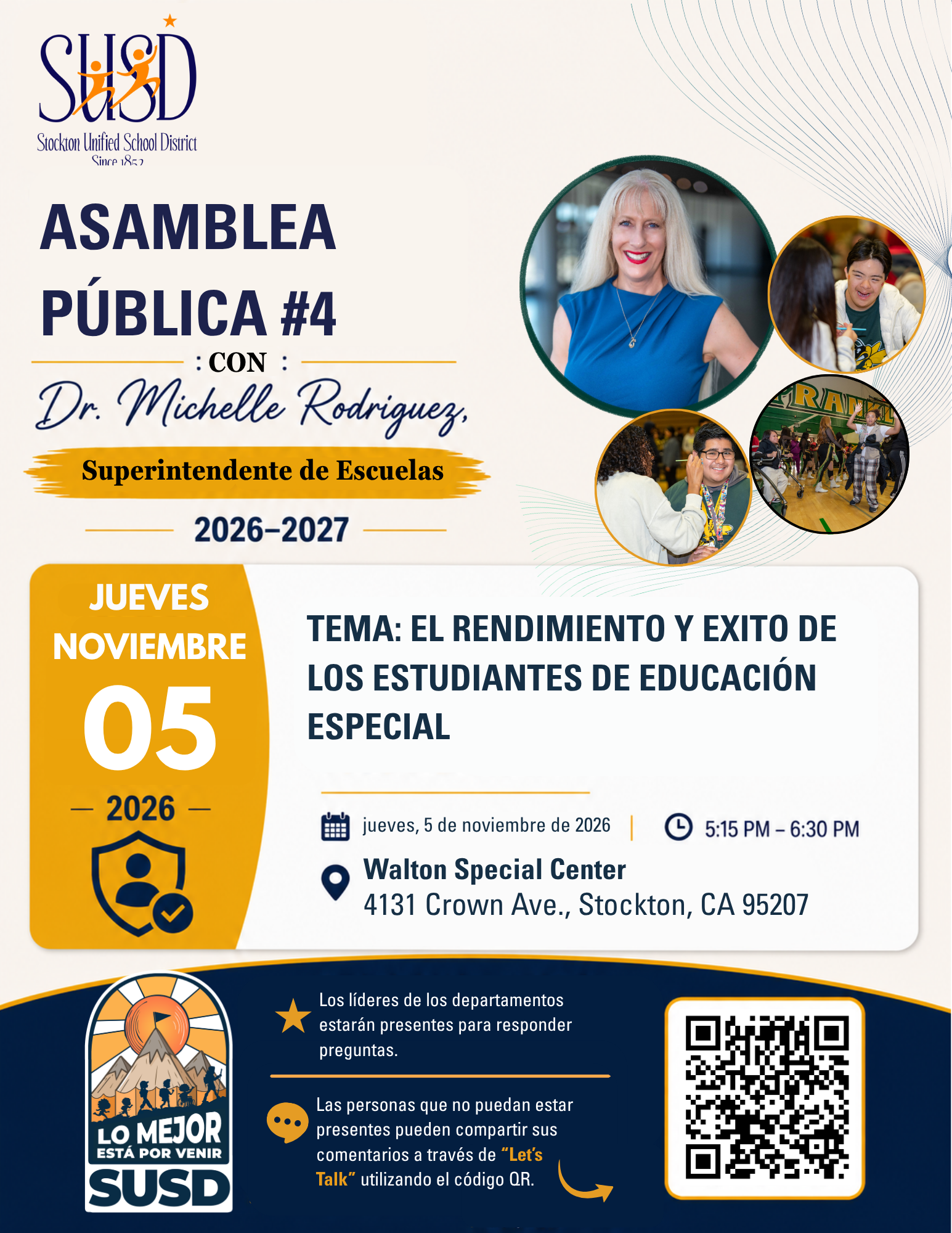 Flyer in Spanish for Stockton Unified School District Public Assembly #4 with Dr. Michelle Rodriguez on Thursday, November 5, 2026, at Walton Special Center.