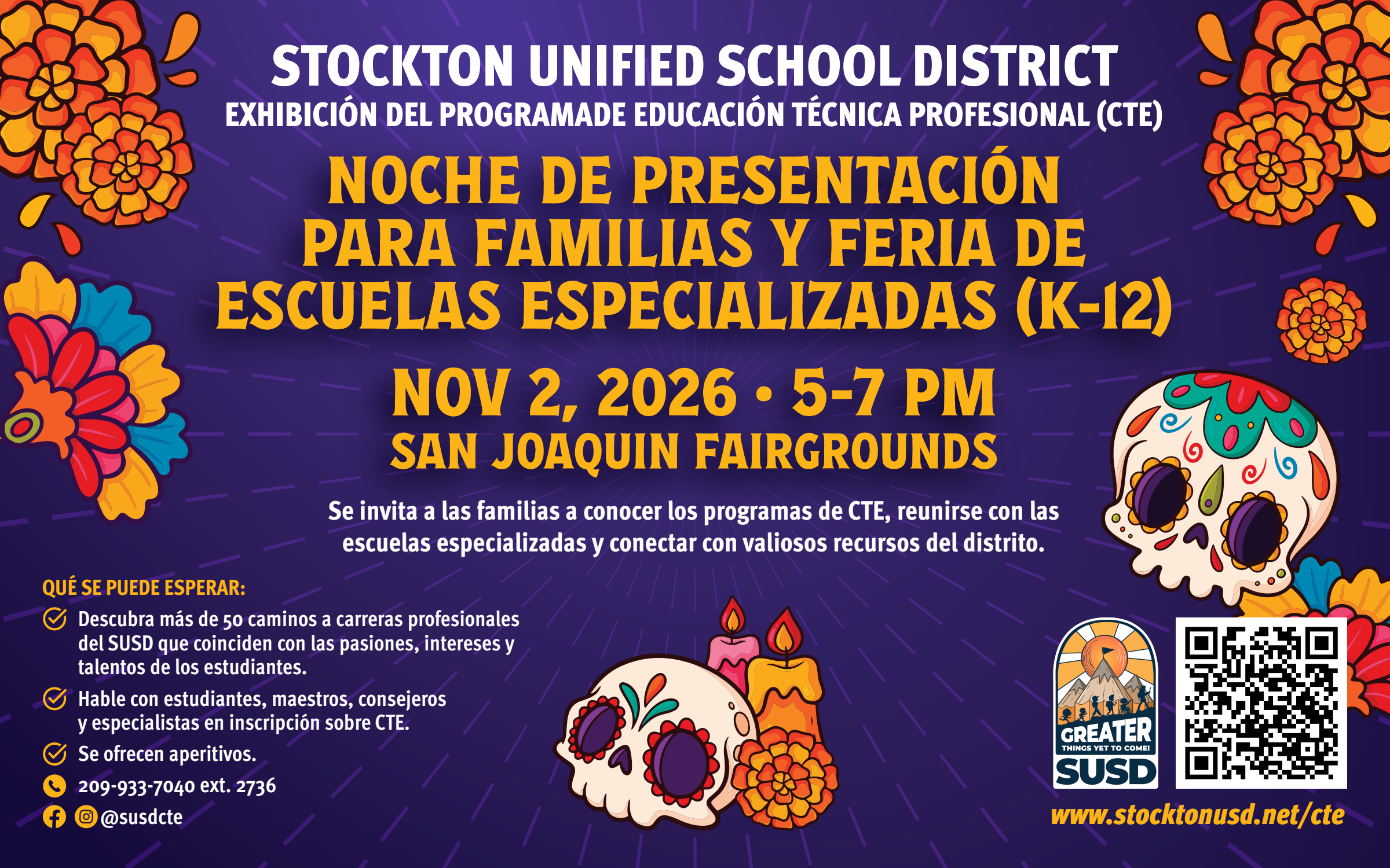 A purple flyer for the Stockton Unified School District CTE Family Night and Magnet School Fair on Nov 2, 2026, at the San Joaquin Fairgrounds.