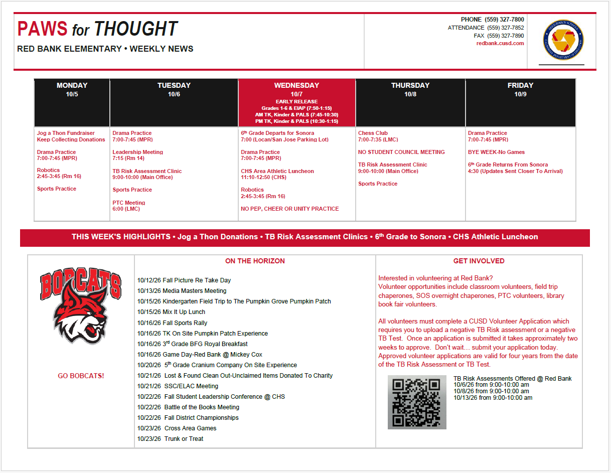 Weekly Calendar October 5-9, 2026