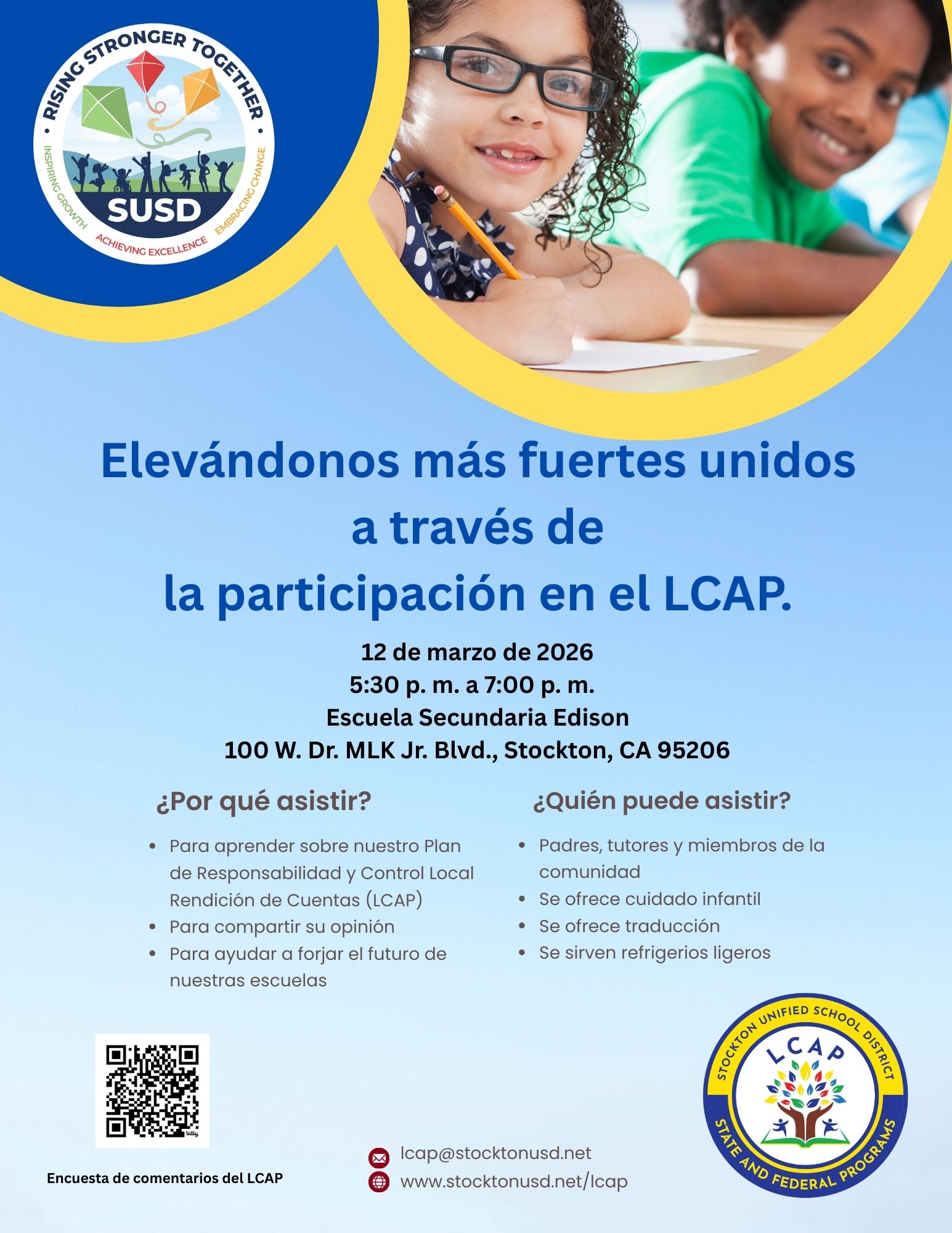 Poster announcing a community meeting on LCAP participation at Edison Middle School in Stockton, CA on March 12, 2026.