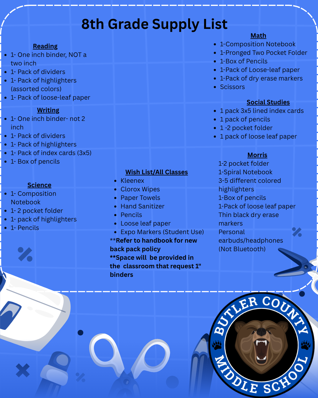 26-27 BCMS 8th Grade Supply List