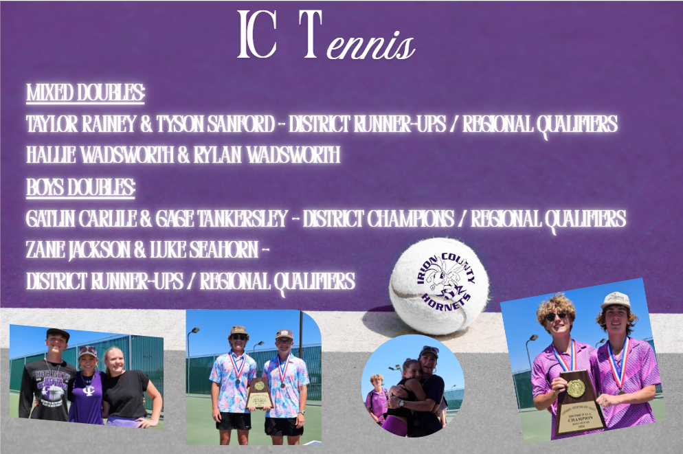 IC Tennis team members celebrate achievements with trophies and medals on a tennis court.