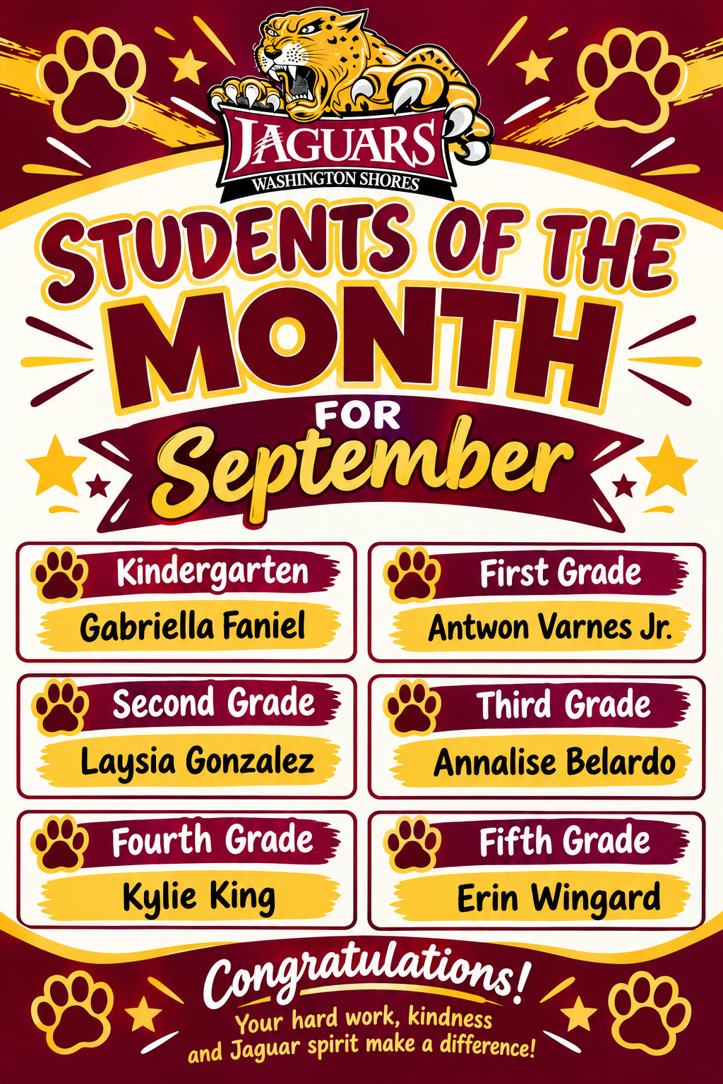 🎉 Washington Shores Elementary Student of the Month Celebration! 🐾