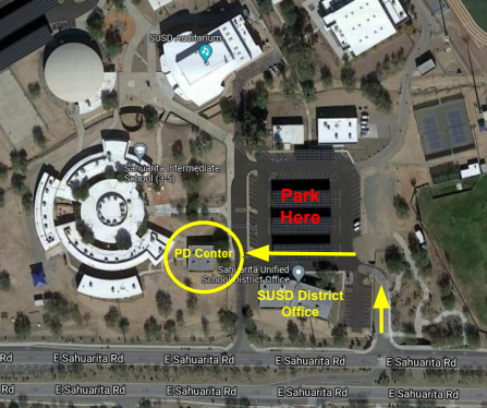 Aerial view of Sahuarita Unified School District campus with labels for PD Center and SUSD District Office.