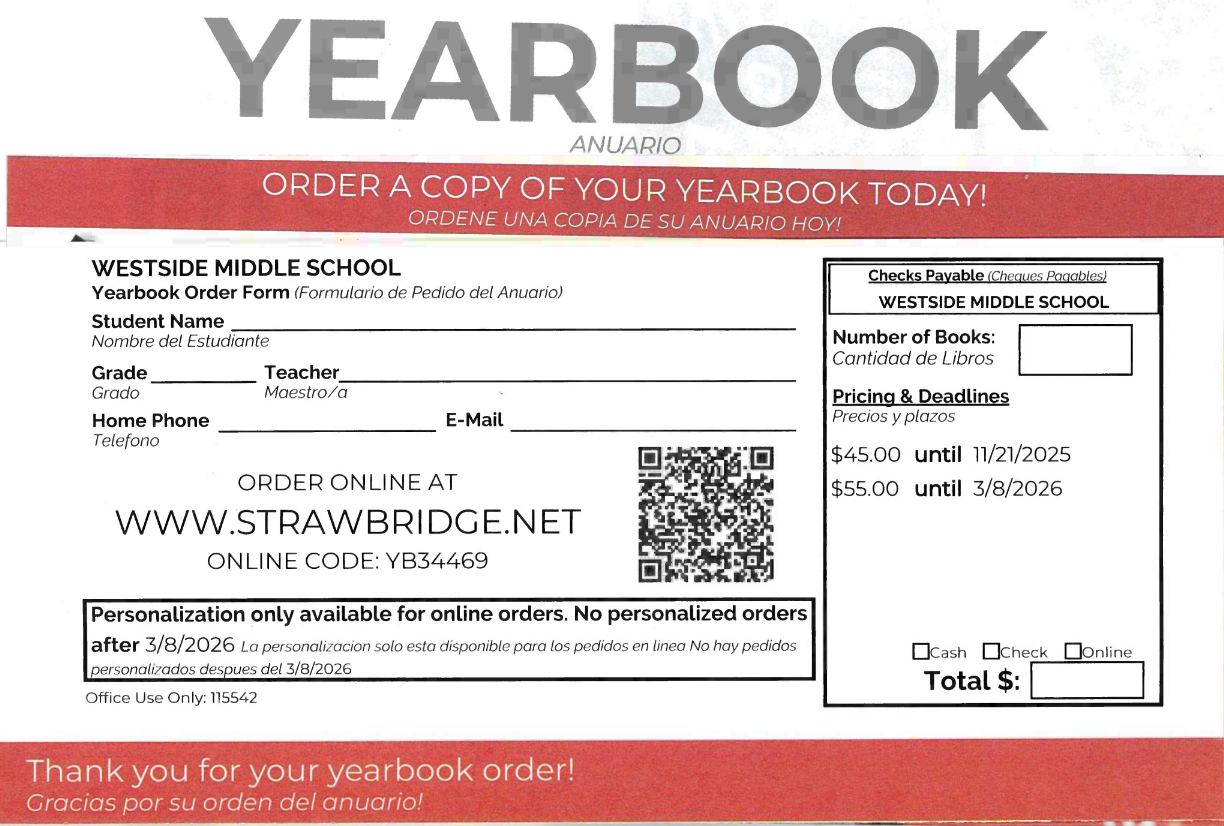 A Westside Middle School yearbook order form with fields for student name, grade, teacher, and contact information.
