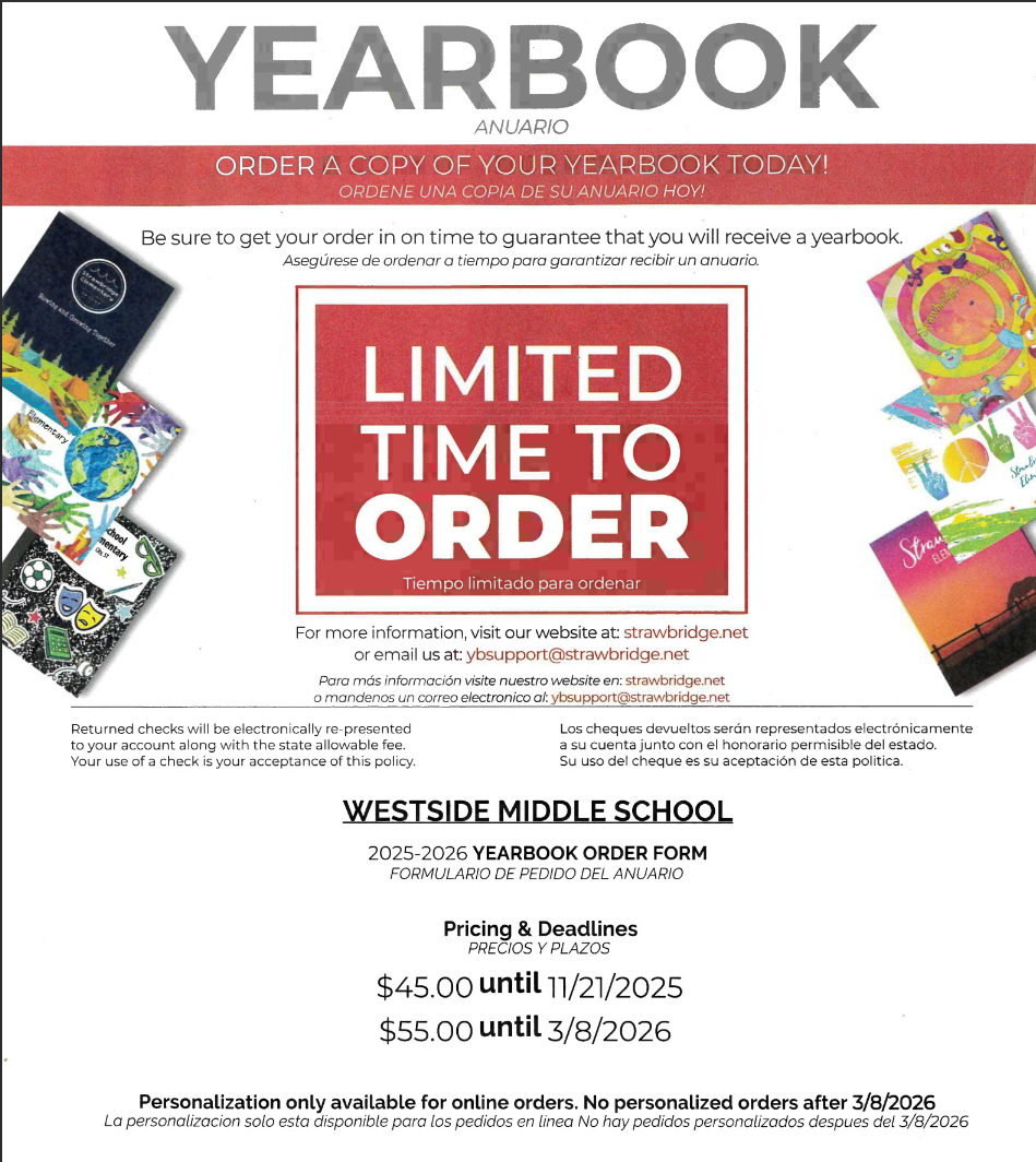 Advertisement for Westside Middle School yearbook orders with a limited-time offer.