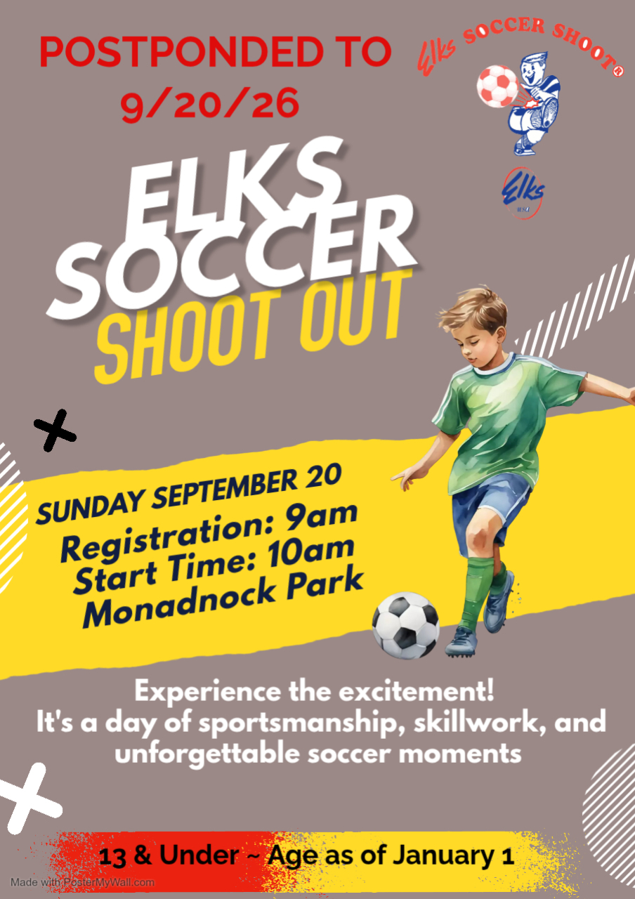 ELKS SOCCER SHOOT POSTPONED TO 9/20/26 