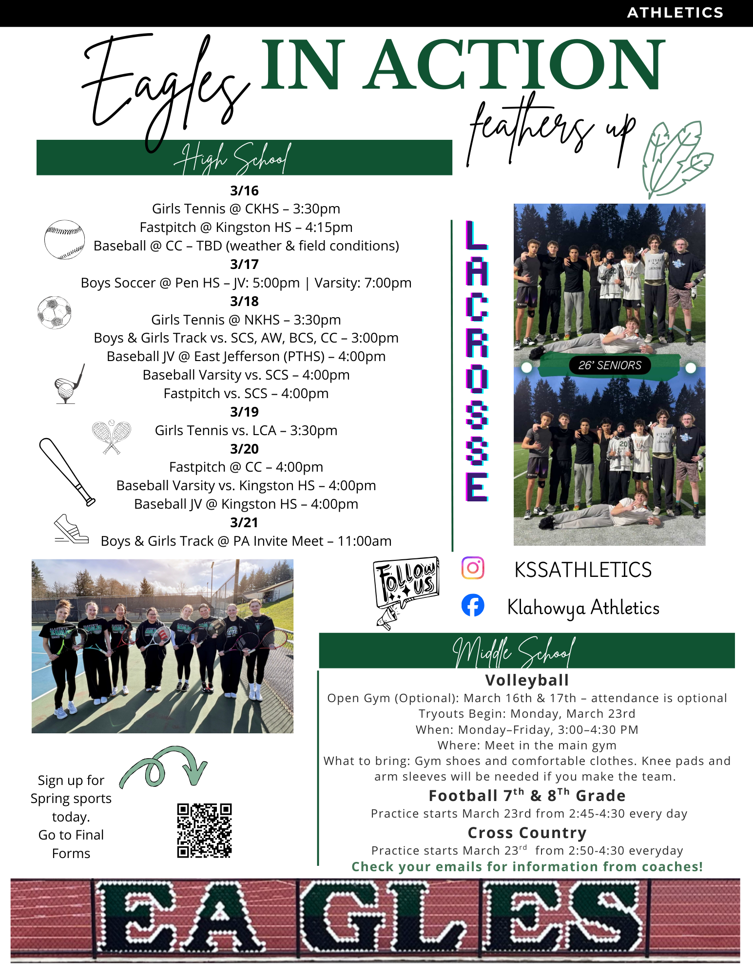 A flyer for Klahowya Athletics, featuring high school and middle school sports schedules and team photos.