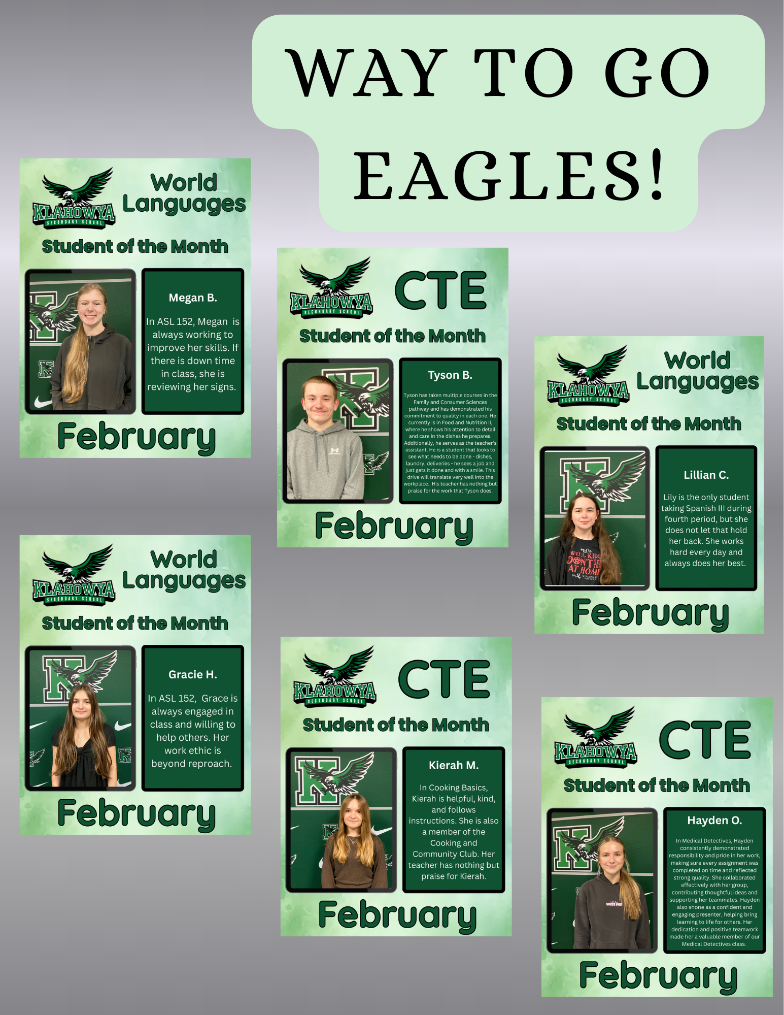 Klahowya Secondary School celebrates its February Students of the Month in World Languages and CTE programs.