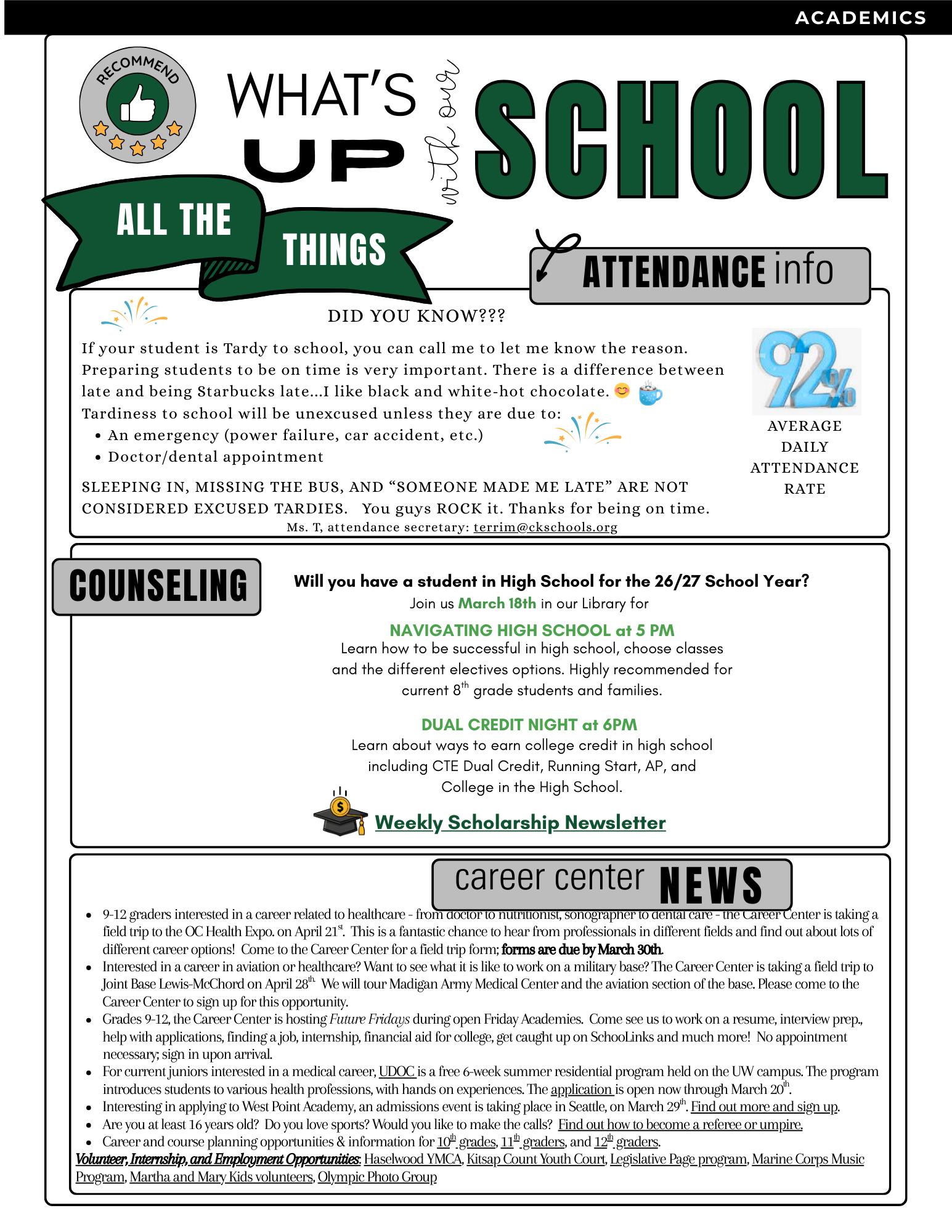 School newsletter with sections on attendance, counseling, and career center news.