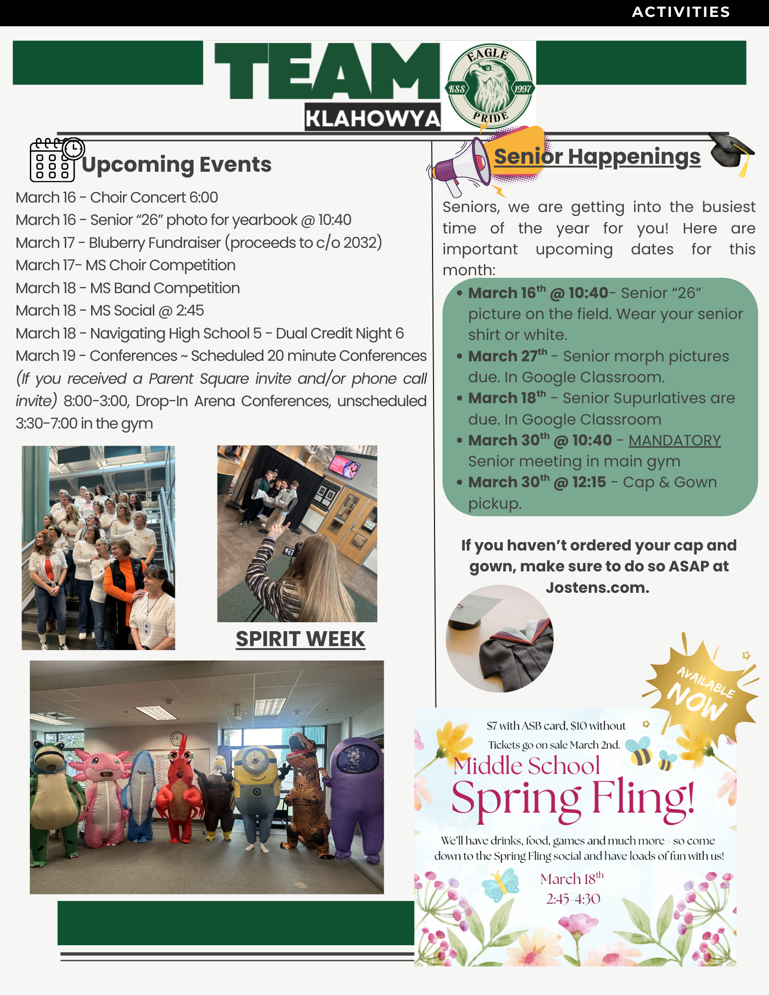 A flyer for school activities, featuring upcoming events, senior happenings, spirit week, and a middle school spring fling.