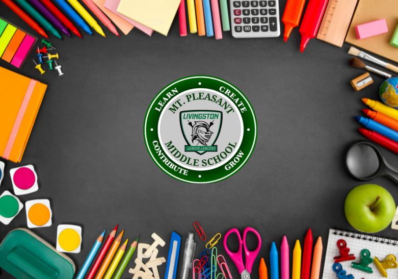 A collection of school supplies arranged around the Mt. Pleasant Middle School logo on a blackboard.