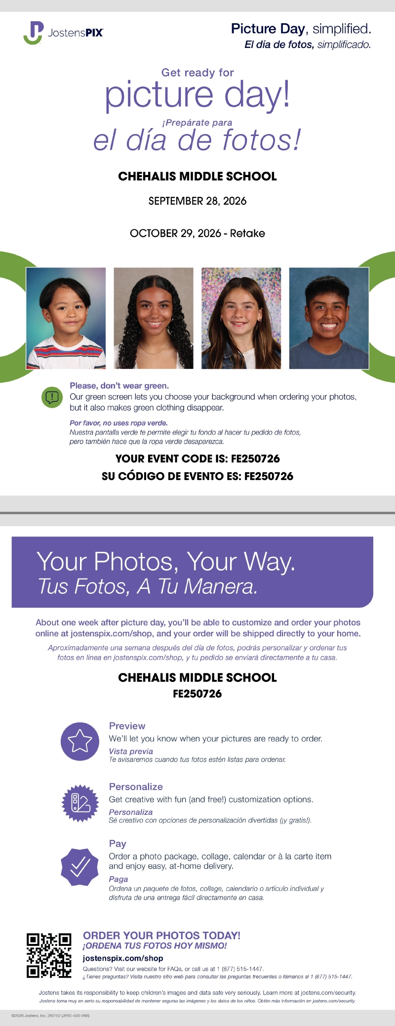 A promotional flyer for JostensPIX announcing picture day for Chehalis Middle School on September 28, 2026.