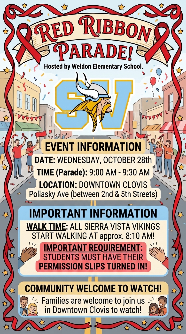 A colorful flyer for the Red Ribbon Parade hosted by Weldon Elementary School on Wednesday, October 28th.