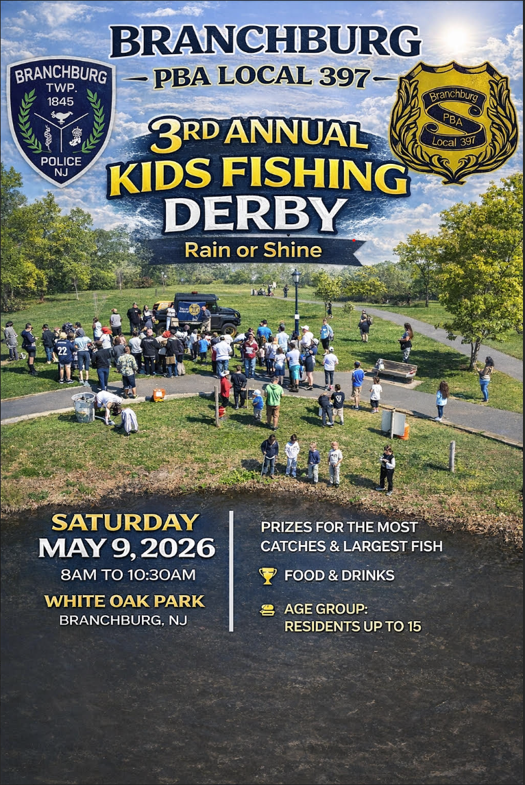 Poster for the 3rd Annual Branchburg Kids Fishing Derby on Saturday, May 9, 2026, at White Oak Park.