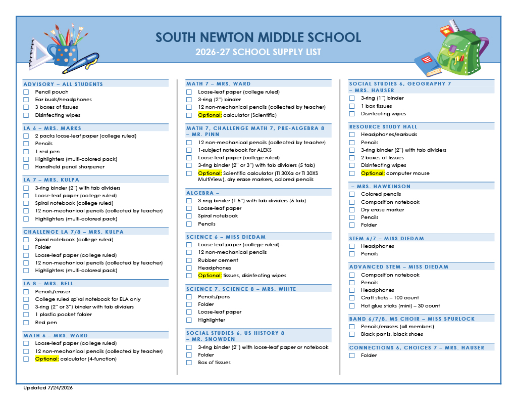 South Newton Middle School 2026-27 School Supply List with sections for various subjects and teachers.