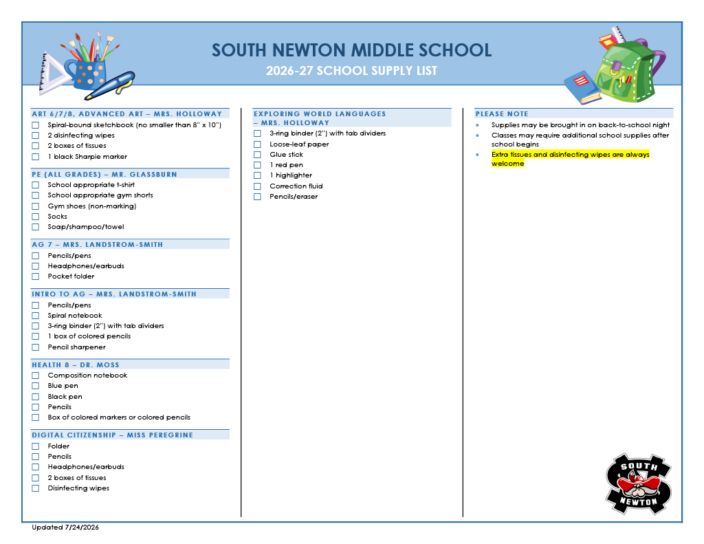 South Newton Middle School 2026-27 School Supply List with sections for various subjects and teachers.