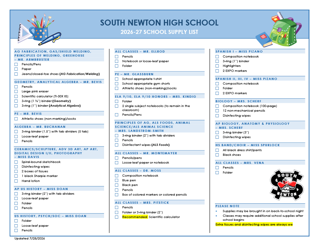 South Newton High School 2026-27 School Supply List with sections for various subjects and teachers.