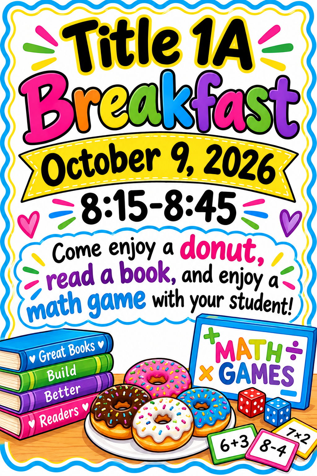 A colorful, illustrated flyer for a Title 1A Breakfast event featuring donuts, books, and math games.